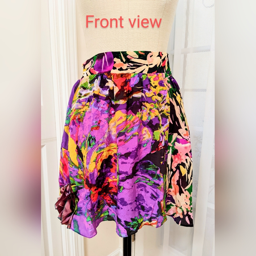 Maeve Anthropologie Silk Bright Floral Skirt Elastic Back Waist Pockets Lined